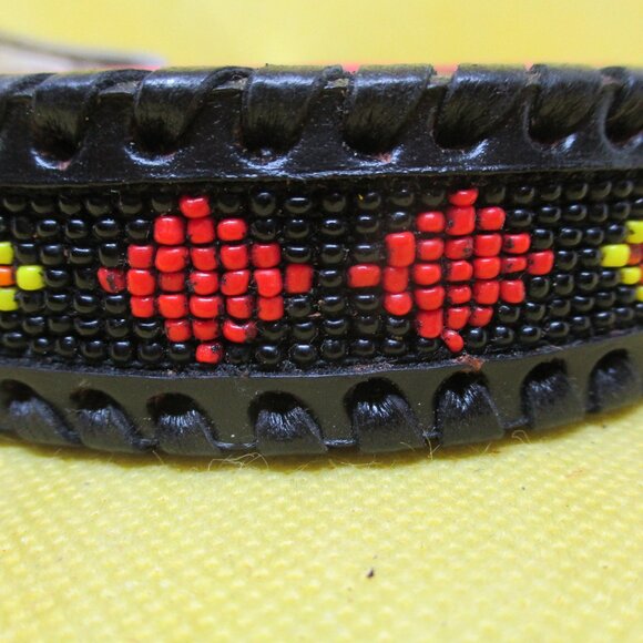 Seed Bead Black Genuine Leather Belt Silver Tone Buckle South Western Bead Bel5 - Picture 5 of 9